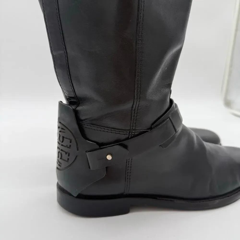 Tory Burch Colton Leather Equestrian Riding Knee High Zip Up Boots Black Size 8